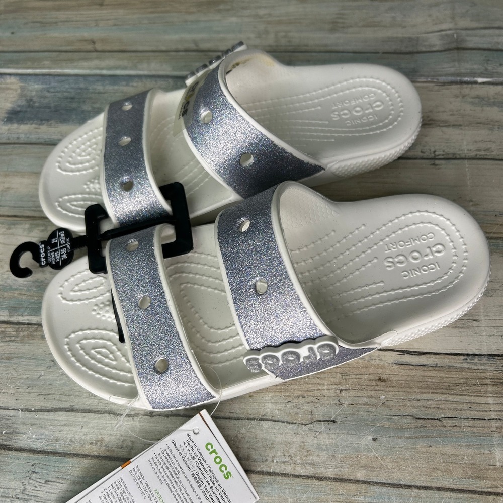 CROCS White Silver Glitter Double Strap Sandals - Picture 2 of 6